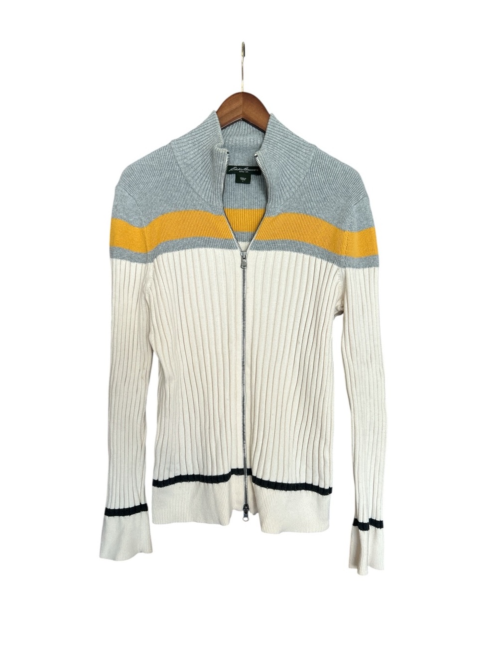 Eddie Bauer  Zip-Front Ribbed Sweater with Yellow and Gray Stripes